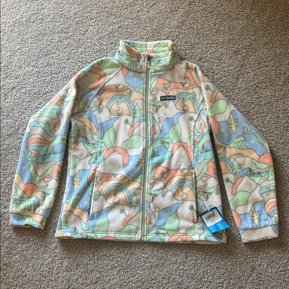 NWT Columbia Pastel Patterned Fleece Zip Jacket w trees & mushrooms sz youth xl